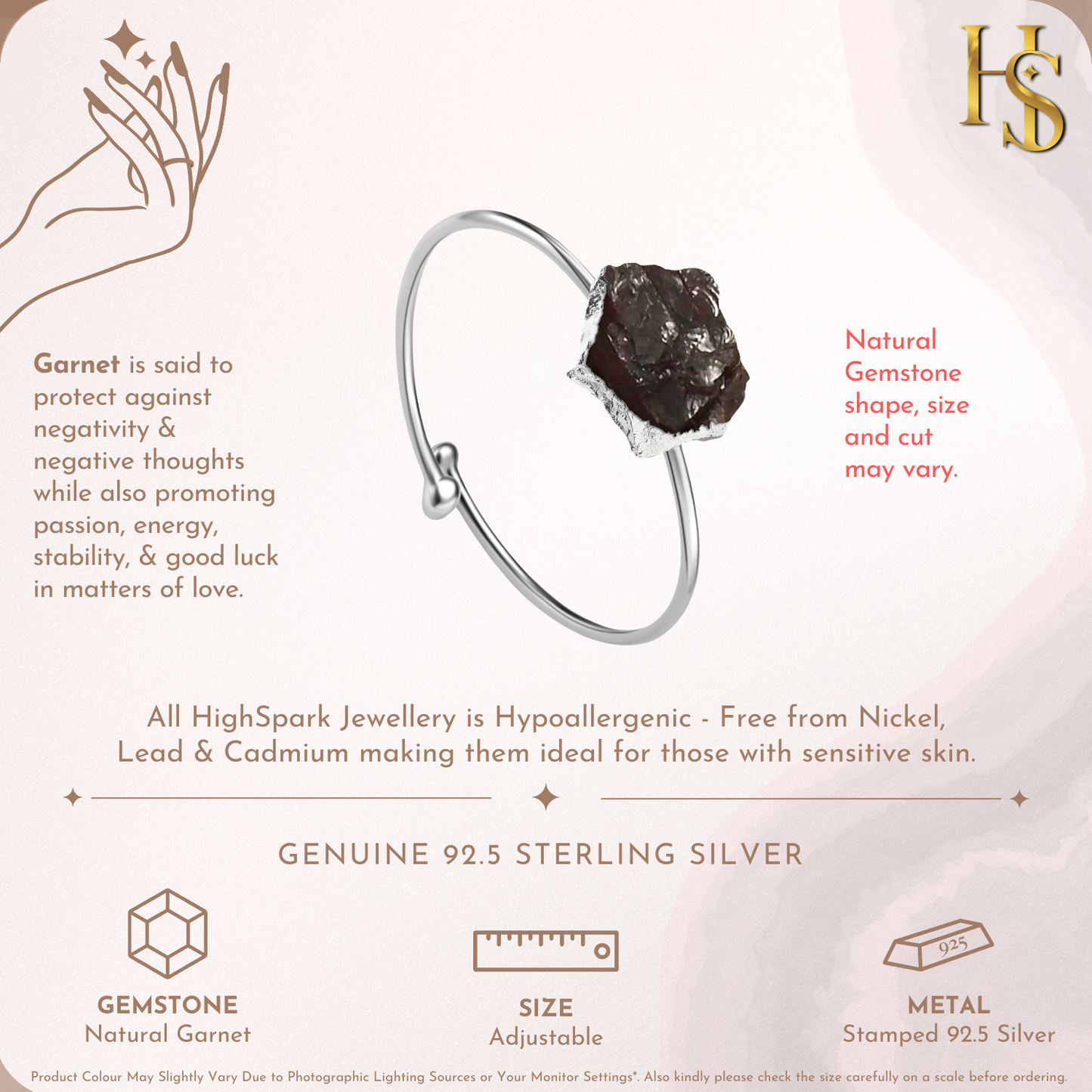 Natural Raw Gemstone Garnet Rough Cut Adjustable Ring in 92.5 Sterling Silver HighSpark