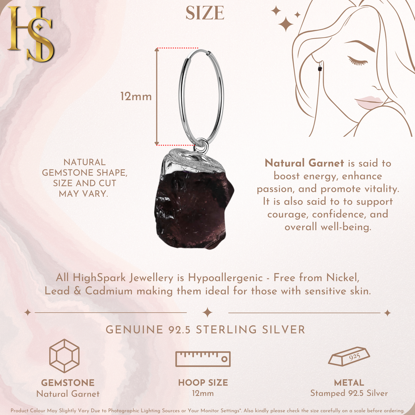 Natural Raw Gemstone Garnet Rough Cut Hoop Earrings in 92.5 Sterling Silver HighSpark
