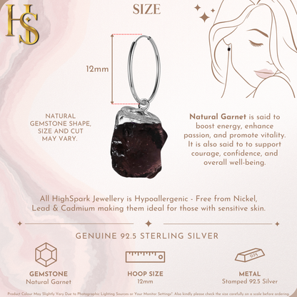 Natural Raw Gemstone Garnet Rough Cut Hoop Earrings in 92.5 Sterling Silver HighSpark