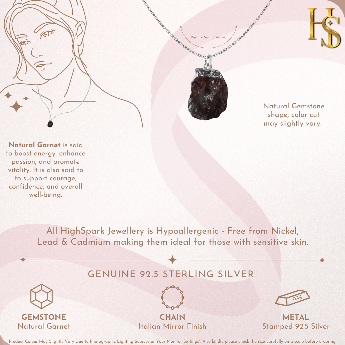 Natural Raw Gemstone Garnet Rough Cut Pendant in 92.5 Sterling Silver HighSpark