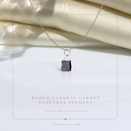 Natural Raw Gemstone Garnet Rough Cut Pendant in 92.5 Sterling Silver HighSpark