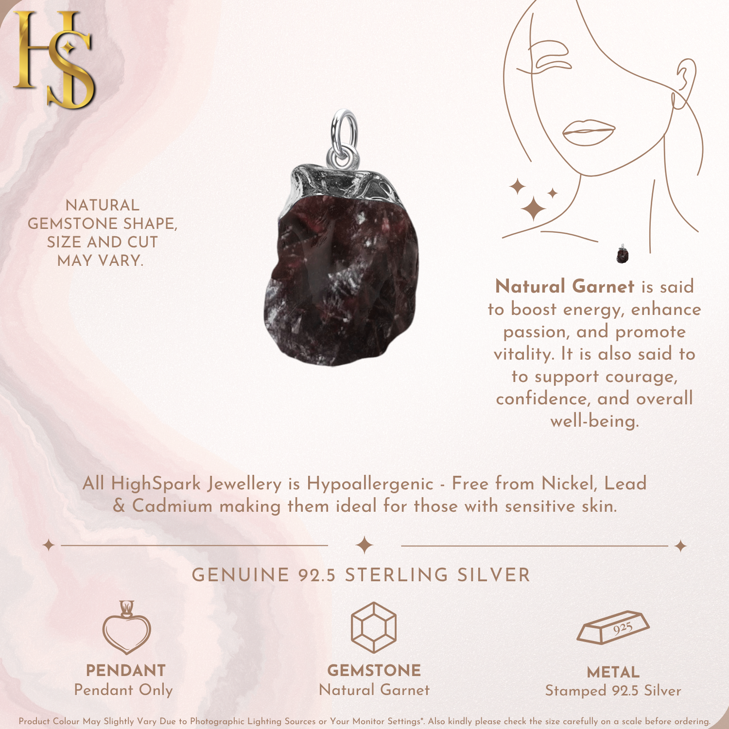 Natural Raw Gemstone Garnet Rough Cut Pendant in 92.5 Sterling Silver HighSpark