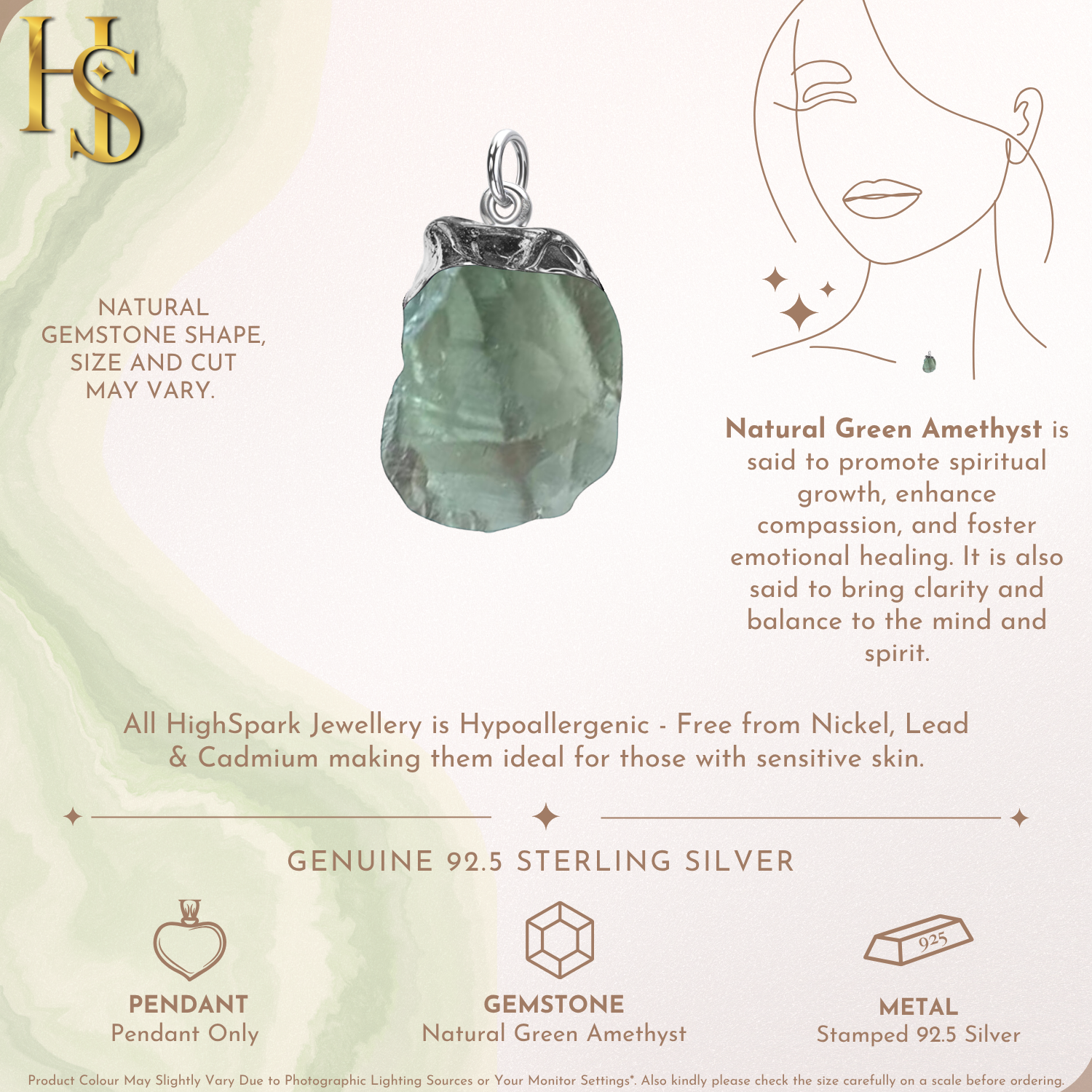 Natural Raw Gemstone Green Amethyst Rough Cut Pendant in 92.5 Sterling Silver HighSpark