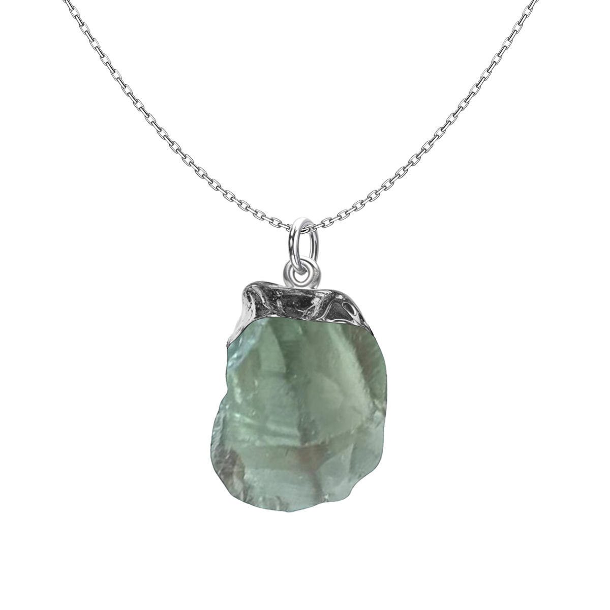 A pendant necklace with a raw, rough-cut green amethyst gemstone in a sterling silver setting on a plain white background.
