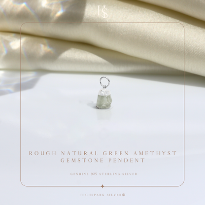 Natural Raw Gemstone Green Amethyst Rough Cut Pendant in 92.5 Sterling Silver HighSpark