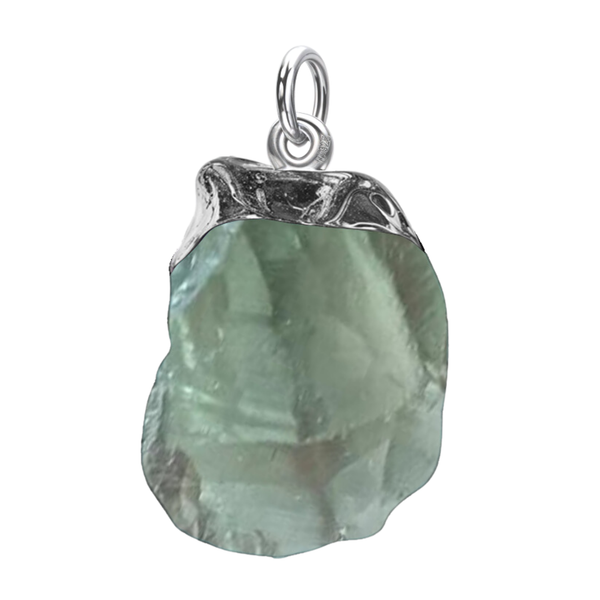 A sterling silver pendant featuring a raw, rough-cut green amethyst gemstone in an organic cap setting on a plain white background.