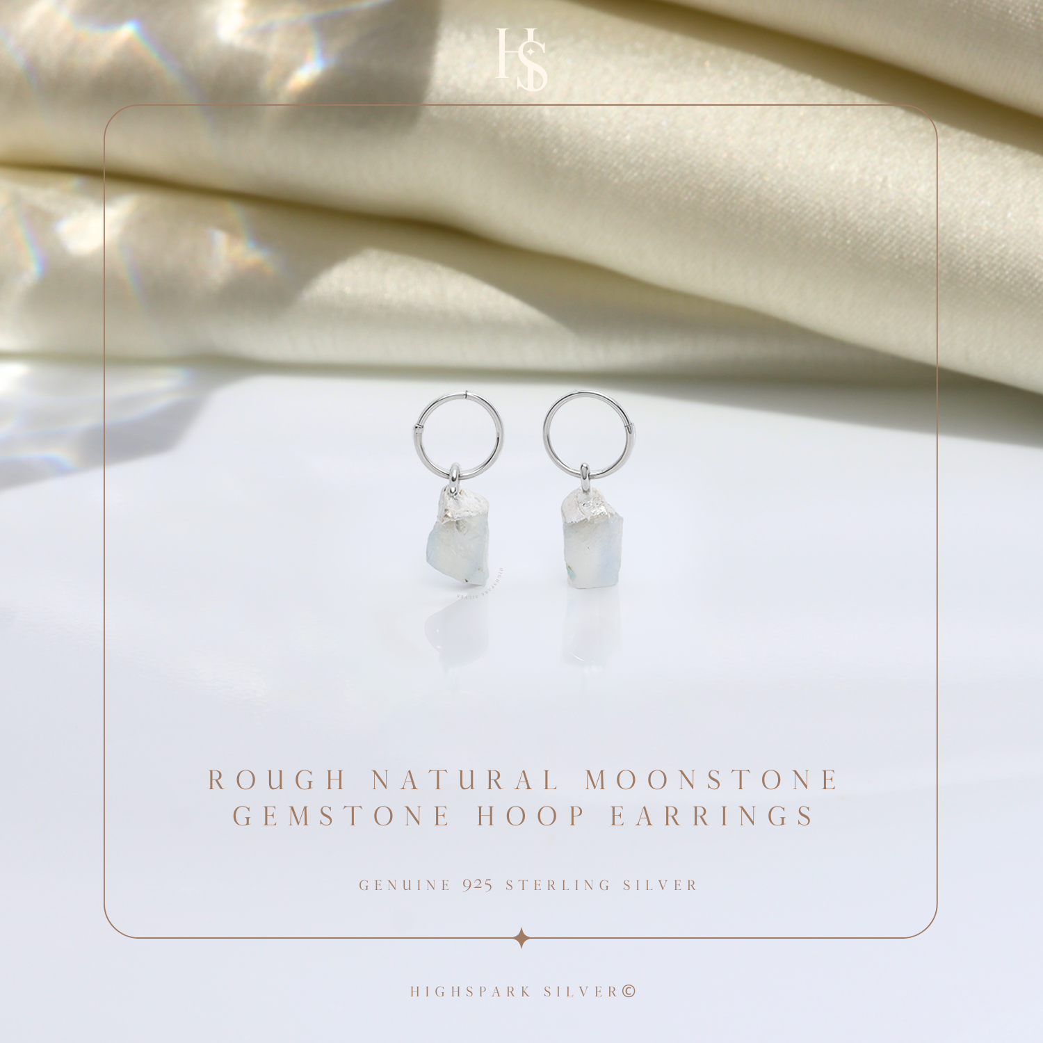 Natural Raw Gemstone Moonstone Rough Cut Hoop Earrings in 92.5 Sterling Silver HighSpark