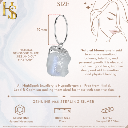 Natural Raw Gemstone Moonstone Rough Cut Hoop Earrings in 92.5 Sterling Silver HighSpark