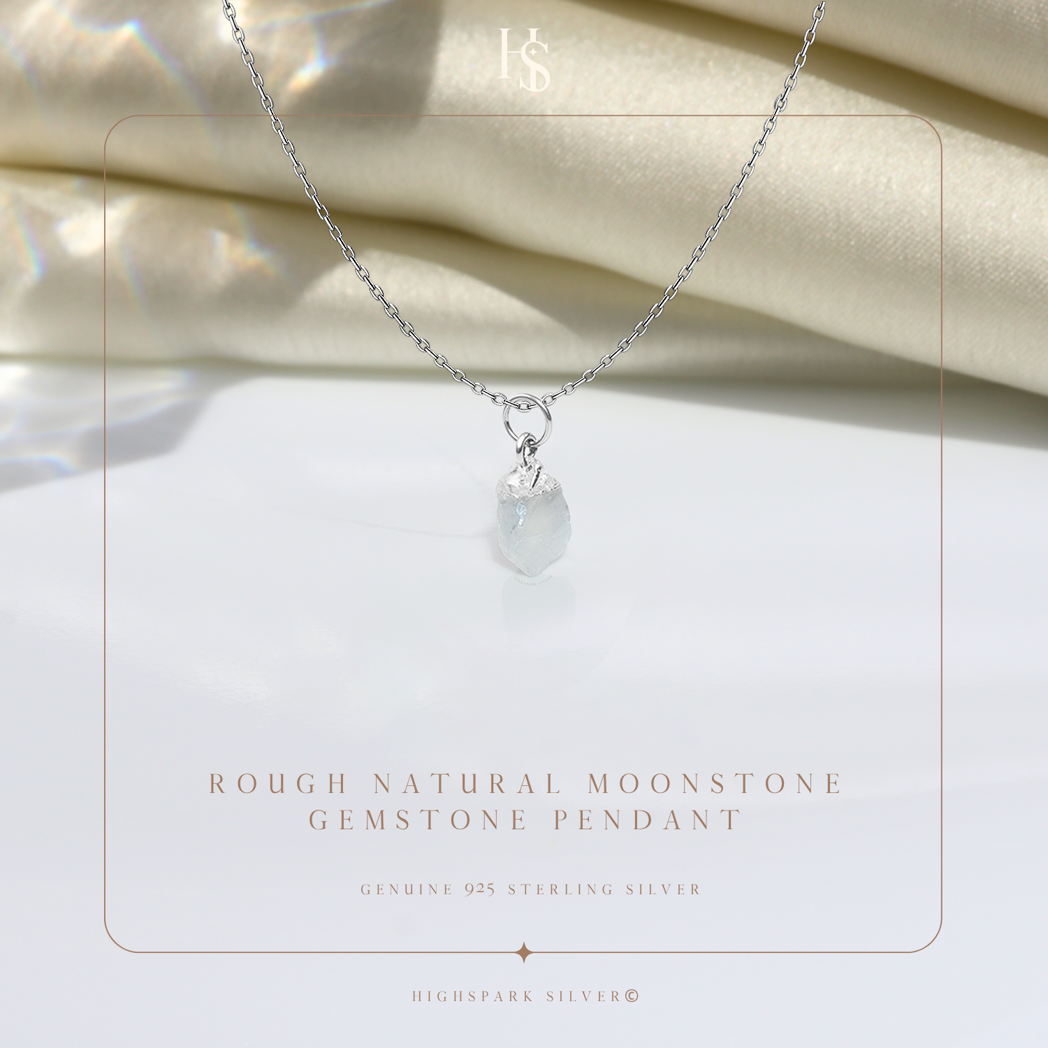 Natural Raw Gemstone Moonstone Rough Cut Pendant in 92.5 Sterling Silver HighSpark