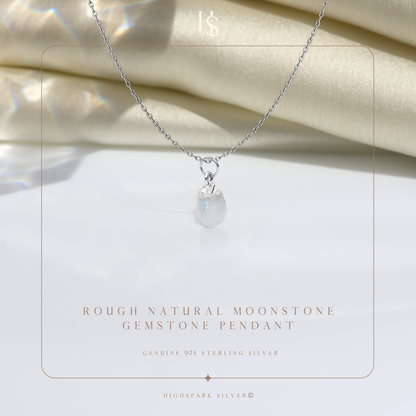 Natural Raw Gemstone Moonstone Rough Cut Pendant in 92.5 Sterling Silver HighSpark