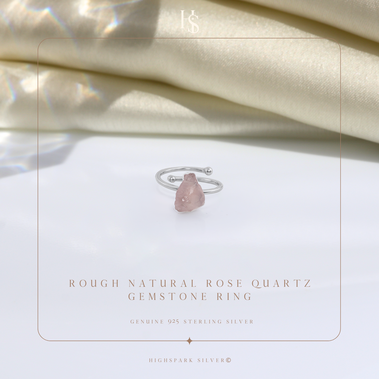 Natural Raw Gemstone Rose Quartz Rough Cut Adjustable Ring in 92.5 Sterling Silver HighSpark