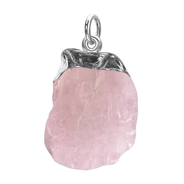 A sterling silver pendant featuring a raw, uncut rose quartz gemstone in an organic shape, shown on a plain white background.