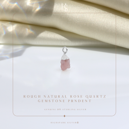 Natural Raw Gemstone Rose Quartz Rough Cut Pendant in 92.5 Sterling Silver HighSpark