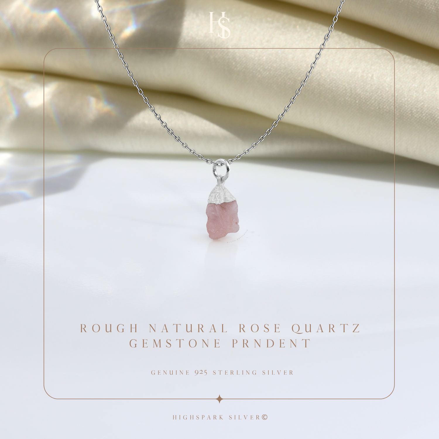Natural Raw Gemstone Rose Quartz Rough Cut Pendant in 92.5 Sterling Silver HighSpark