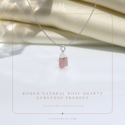 Natural Raw Gemstone Rose Quartz Rough Cut Pendant in 92.5 Sterling Silver HighSpark