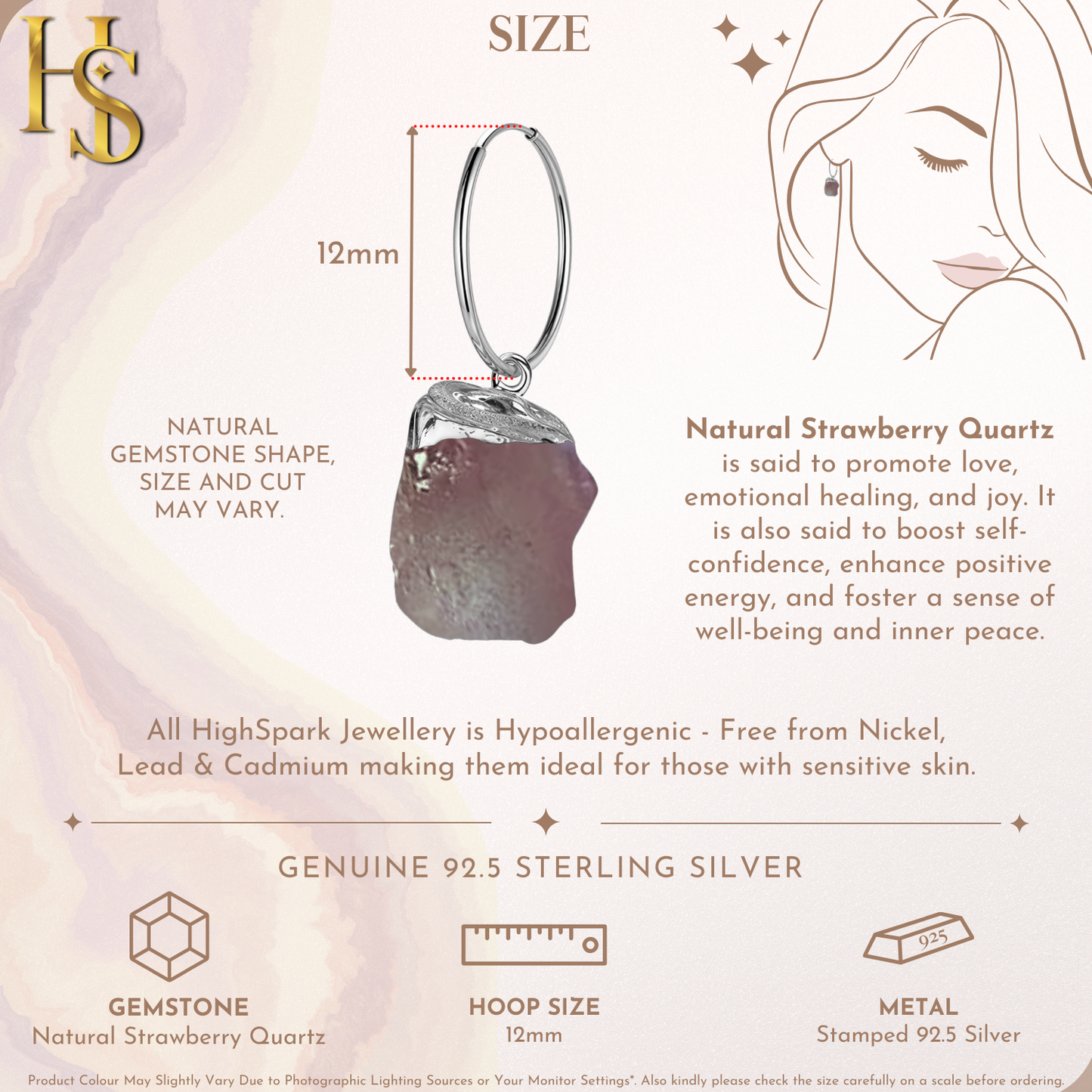 Natural Raw Gemstone Strawberry Quartz Rough Cut Hoop Earrings in 92.5 Sterling Silver HighSpark