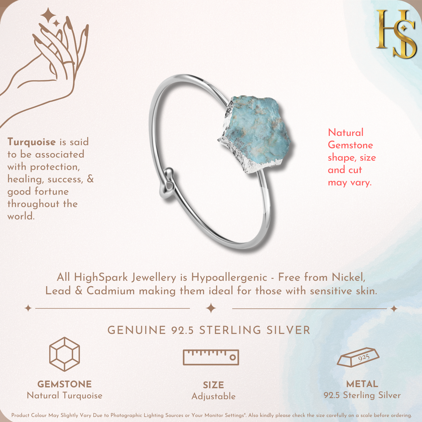 Natural Raw Gemstone Turquoise Rough Cut Adjustable Ring in 92.5 Sterling Silver HighSpark