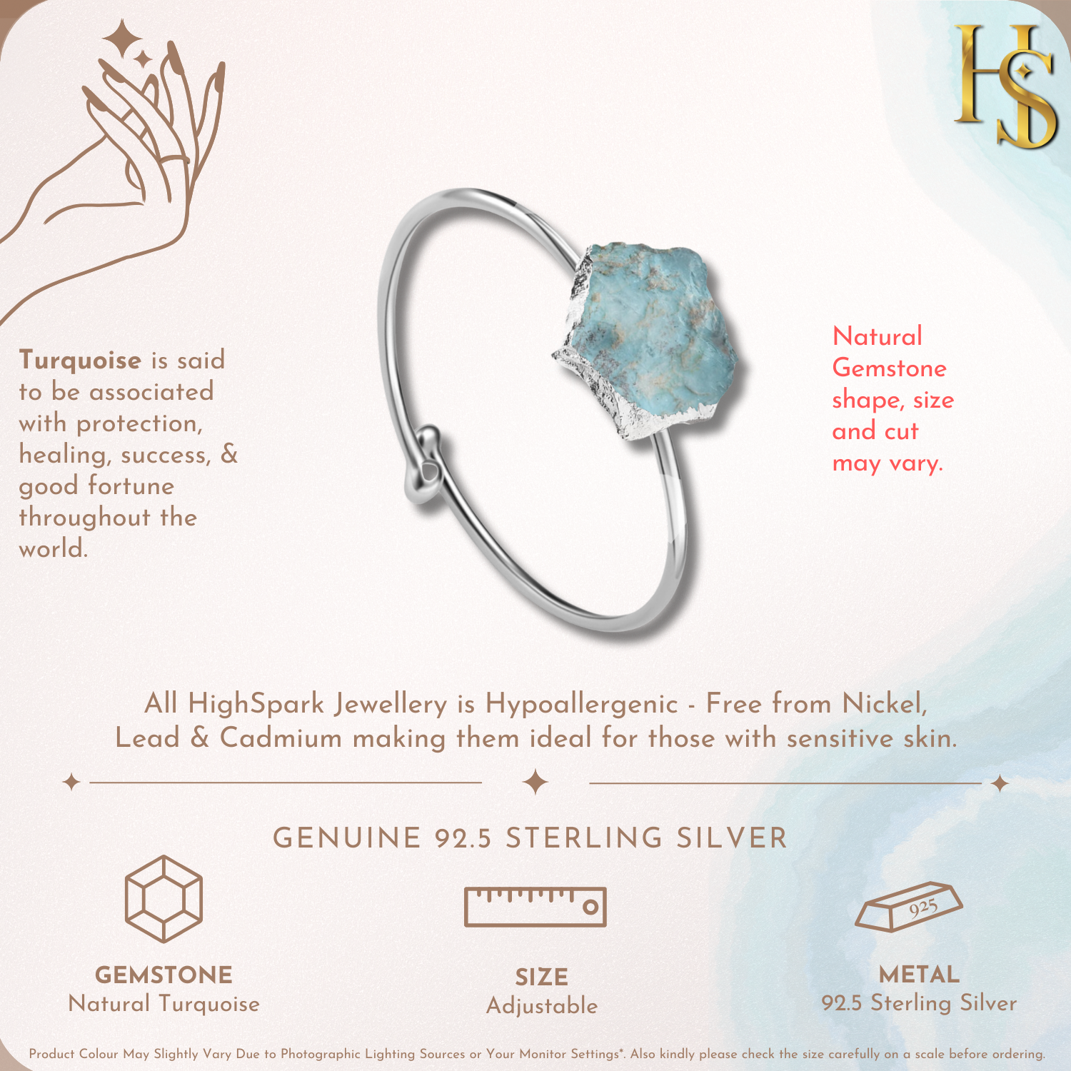 Natural Raw Gemstone Turquoise Rough Cut Adjustable Ring in 92.5 Sterling Silver HighSpark