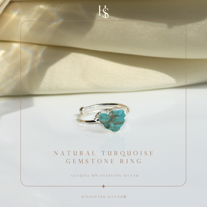 Natural Raw Gemstone Turquoise Rough Cut Adjustable Ring in 92.5 Sterling Silver HighSpark