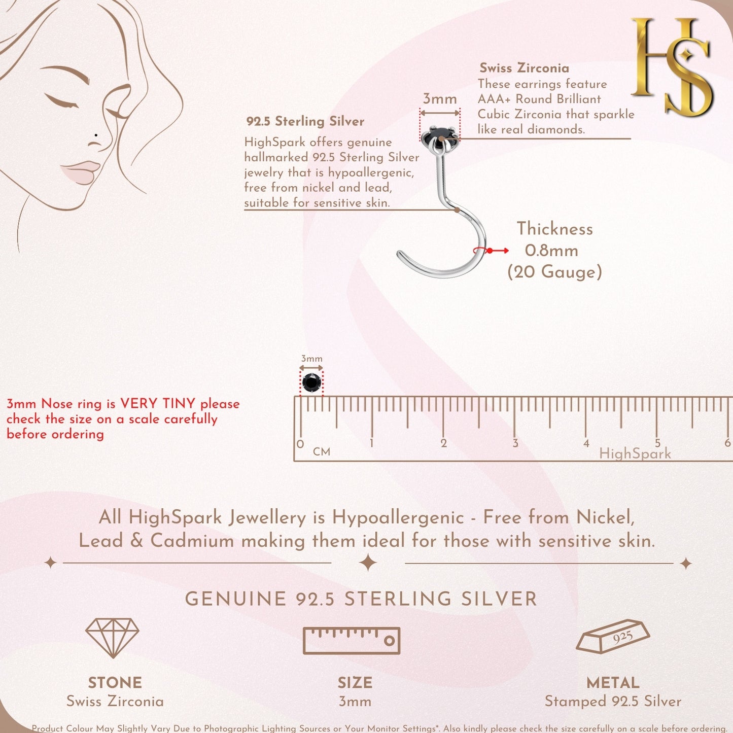 Nose pin in 92.5 Sterling Silver embellished with Black Zirconia HighSpark