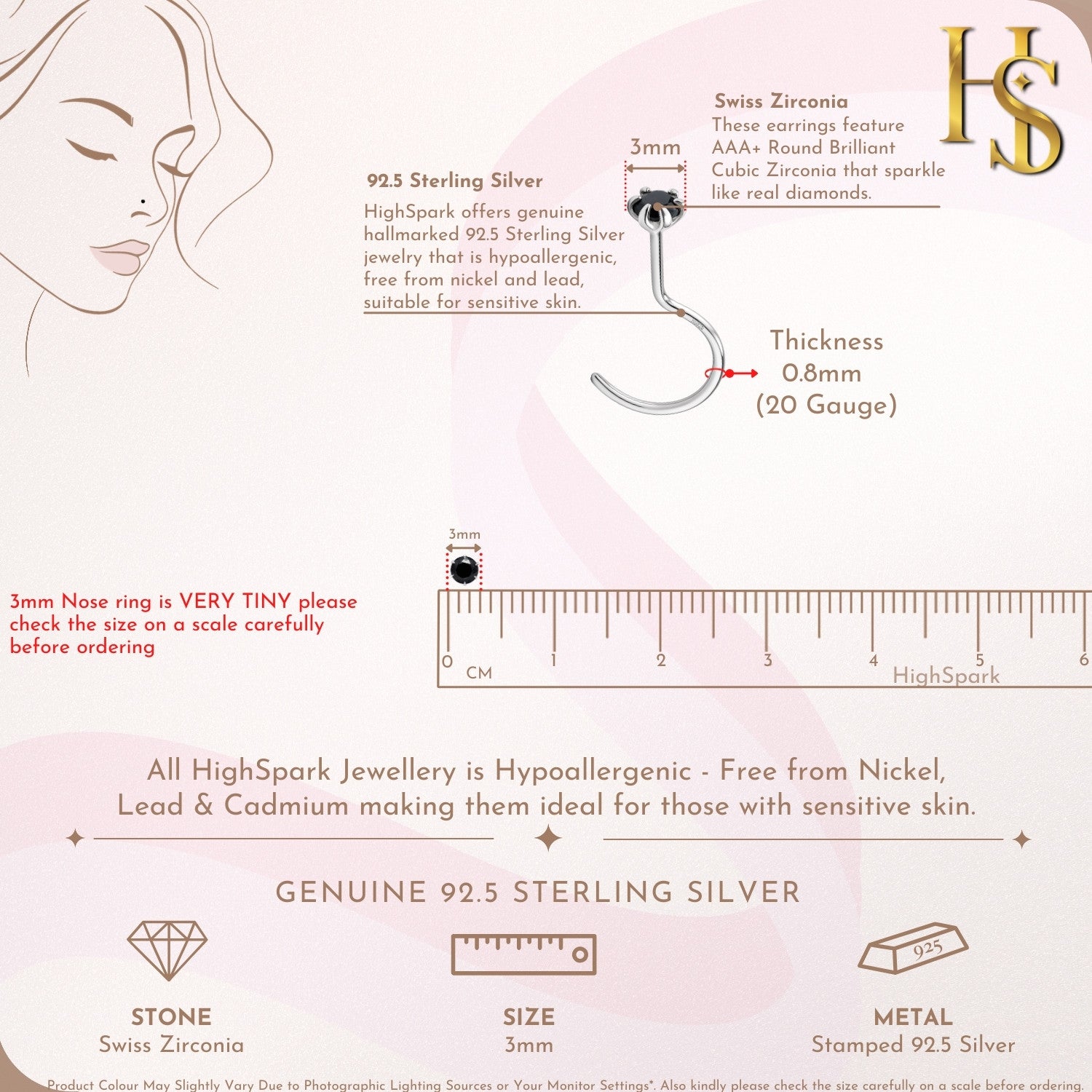 Nose pin in 92.5 Sterling Silver embellished with Black Zirconia HighSpark