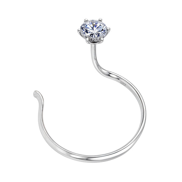 A sterling silver nose pin with a curved hoop and a single round American diamond held in a six-prong setting on a plain white background.