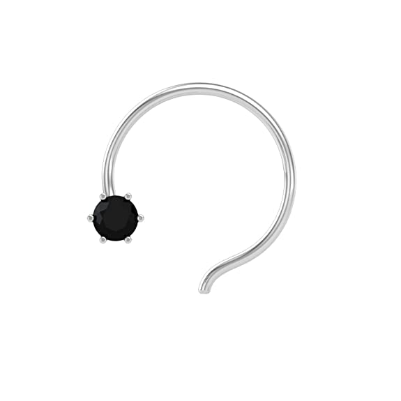 A sterling silver nose pin with a round black American diamond in a six-prong setting, shown on a white background.
