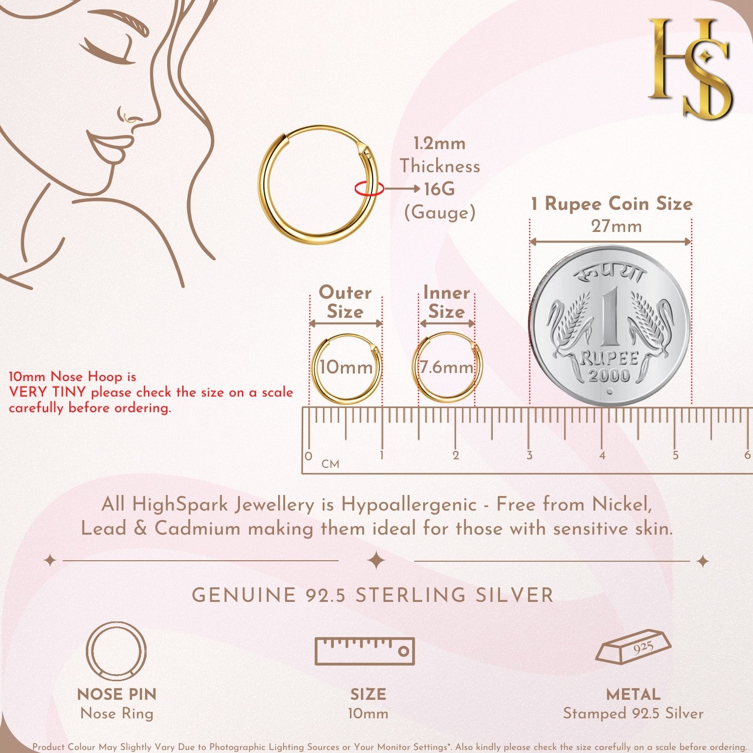 Nose Ring in 92.5 Sterling Silver - 18K Gold finish - Elegant Septum Ring / Nose Pin / Silver Nath HighSpark
