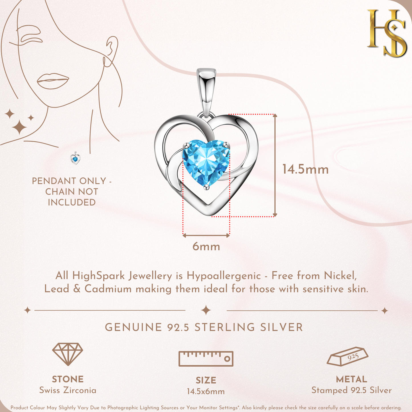 Oceanic Blue Swirl Heart Pendant in 925 Sterling Silver for Women with Brilliance Sparkling Zirconia HighSpark