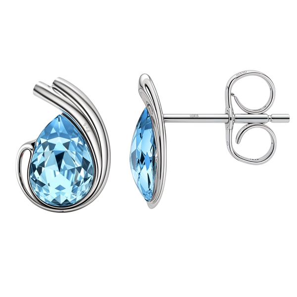 A pair of sterling silver stud earrings with a pear-cut blue stone in a modern wave-like setting, shown on a white background.