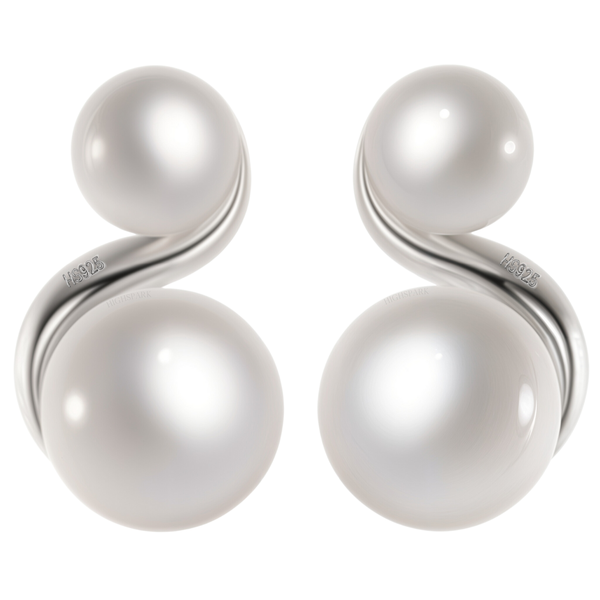 A pair of stud earrings with a sterling silver swirl design, each holding a small and a large white pearl, on a white background.