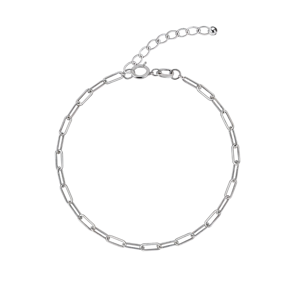 A sterling silver paperclip chain bracelet with a lobster clasp and adjustable extender, arranged in a circle on a white background.