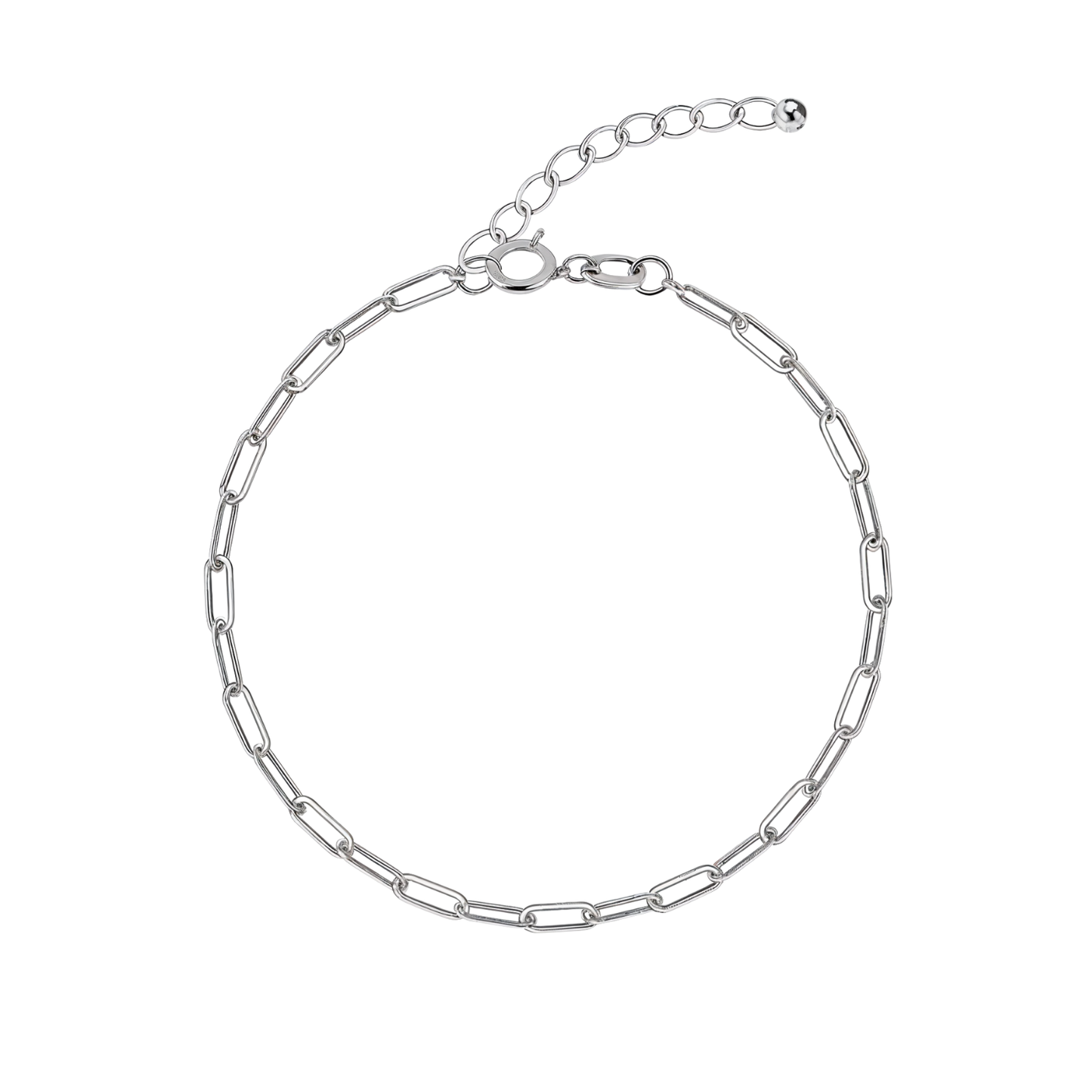 A sterling silver paperclip chain bracelet with a lobster clasp and adjustable extender, arranged in a circle on a white background.