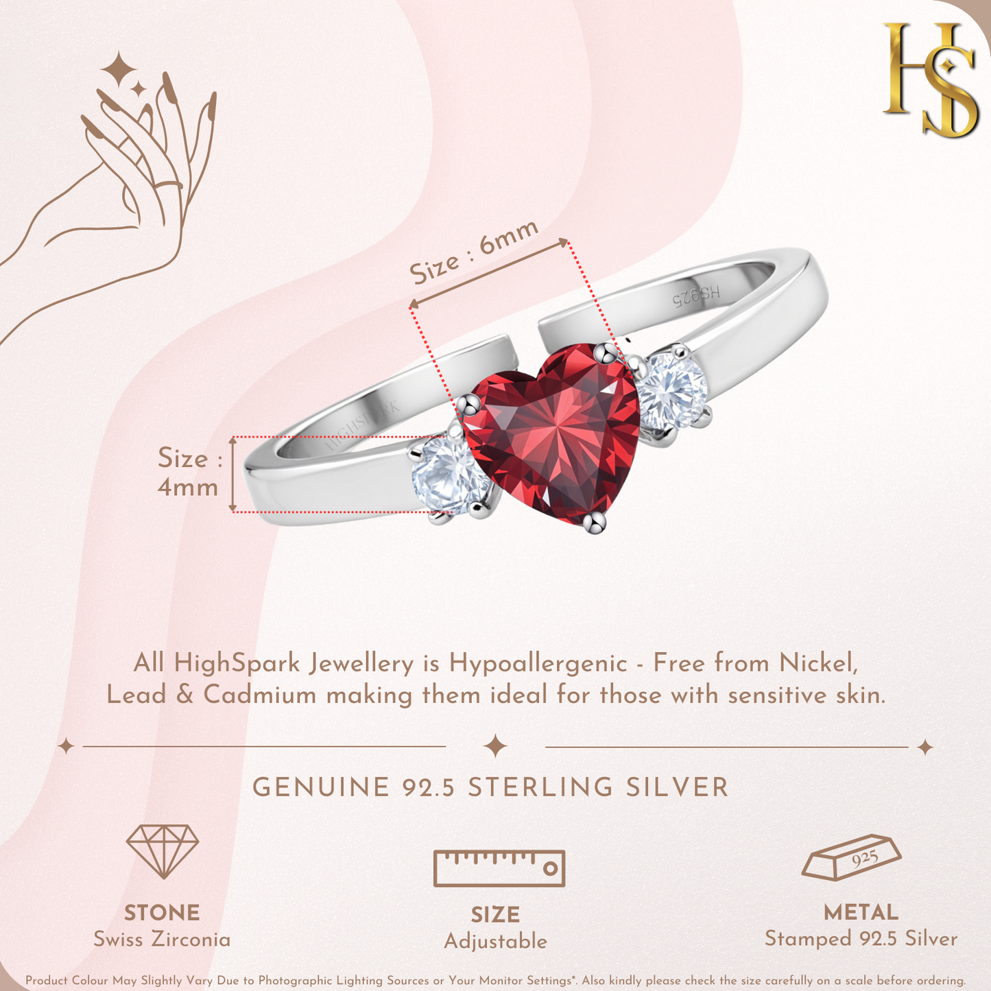 An infographic showing the dimensions of a sterling silver ring with a red heart-shaped stone and two round American diamonds.