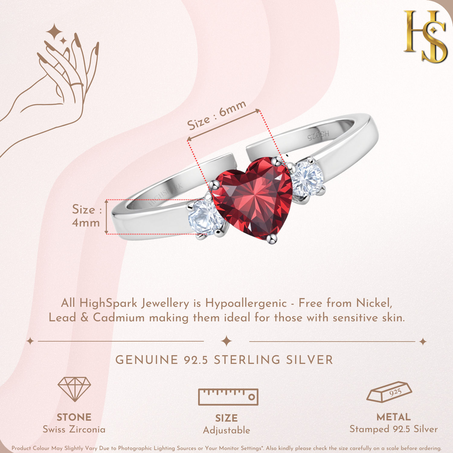 An infographic showing the dimensions of a sterling silver ring with a red heart-shaped stone and two round American diamonds.