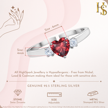 An infographic showing the dimensions of a sterling silver ring with a red heart-shaped stone and two round American diamonds.