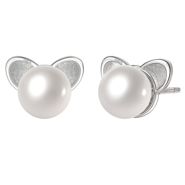 A pair of sterling silver stud earrings with a freshwater pearl face and textured cat ears, shown on a white background.