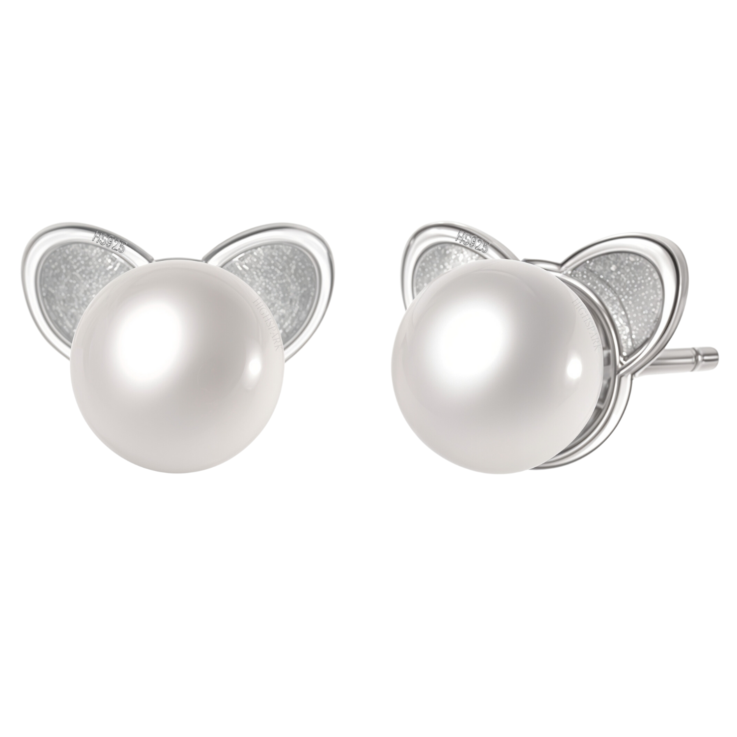A pair of sterling silver stud earrings with a freshwater pearl face and textured cat ears, shown on a white background.