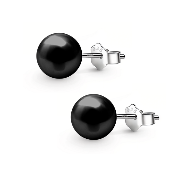 A pair of classic stud earrings featuring round black pearls with a brilliant lustre.