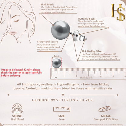 Pearl Classic Stud Earrings - Brilliant Lustre Grey Pearls HighSpark