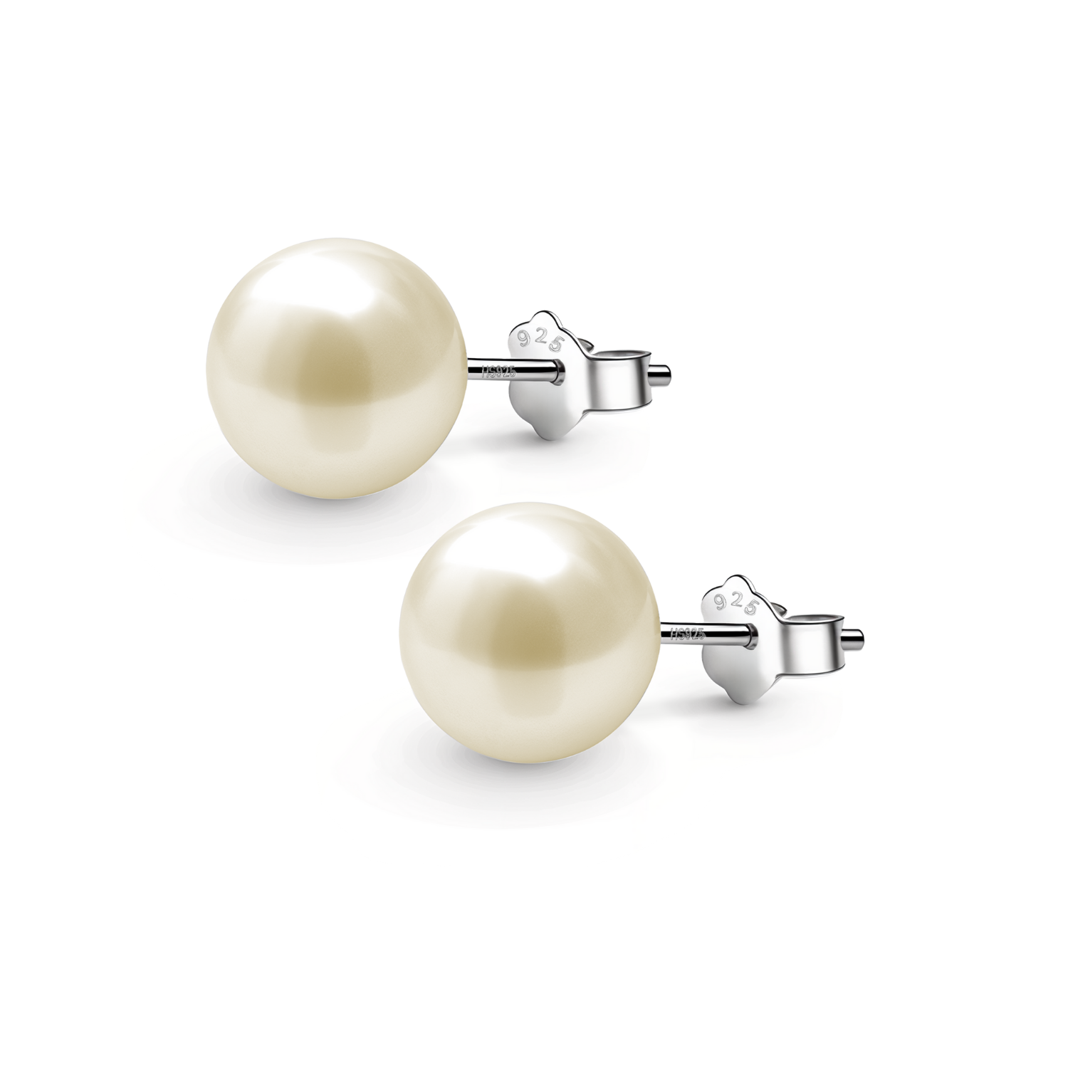 A pair of classic stud earrings with round, light golden pearls in a 925 sterling silver setting with push backs on a white background.