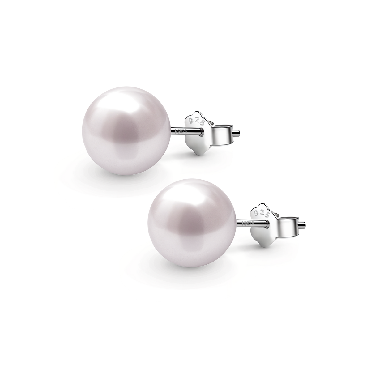A pair of classic stud earrings with lustrous pink pearls and sterling silver push-back closures, shown on a plain white background.