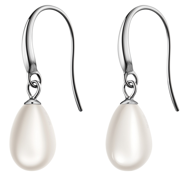 A pair of drop earrings with pear-shaped white pearls dangling from sterling silver fish hooks, shown on a white background.