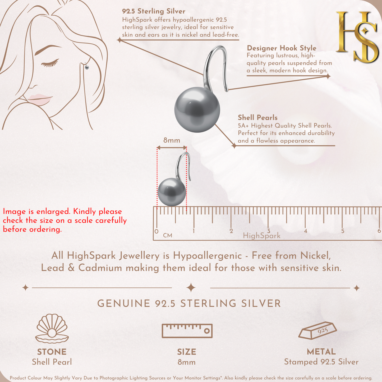 Infographic showing the features of sterling silver hook earrings with an 8mm round grey shell pearl, including a size diagram.