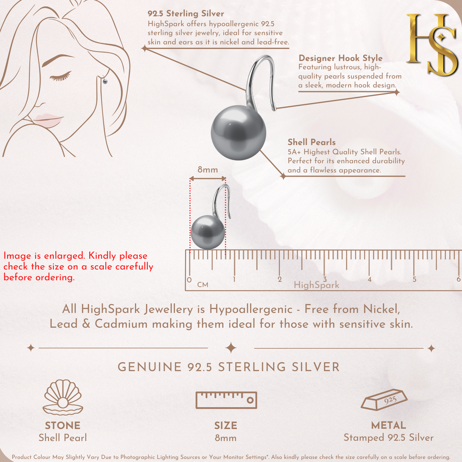 Infographic showing the features of sterling silver hook earrings with an 8mm round grey shell pearl, including a size diagram.