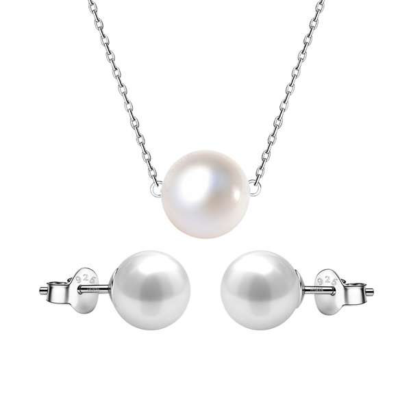 A sterling silver jewellery set with a single round pearl pendant necklace and matching round pearl stud earrings on a white background.
