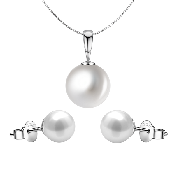 A sterling silver jewellery set with a round pearl pendant necklace and matching pearl stud earrings, shown on a white background.