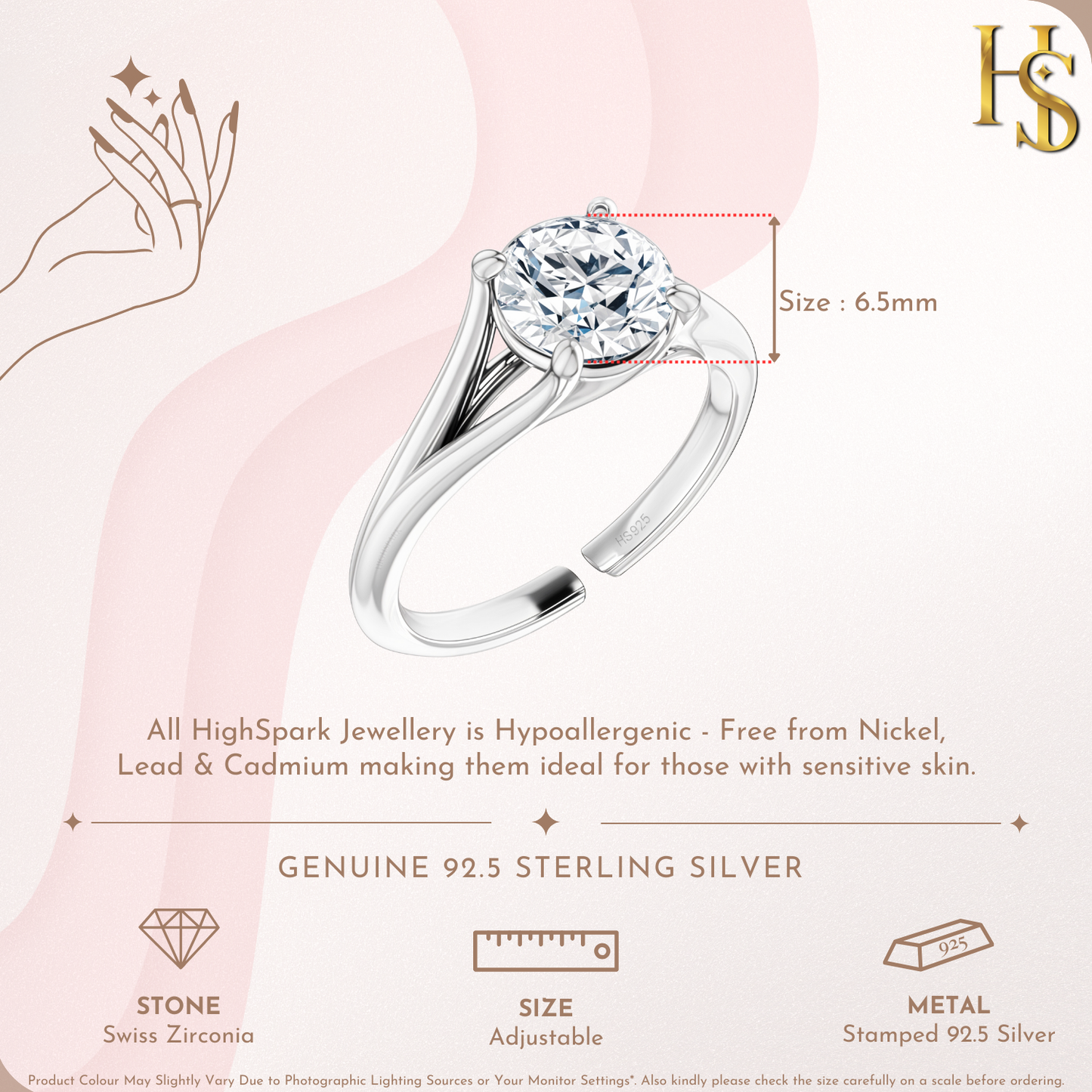 Perfectionist Solitaire Adjustable Ring in 92.5 Sterling Silver with Diamond like Brilliance Zirconia HighSpark