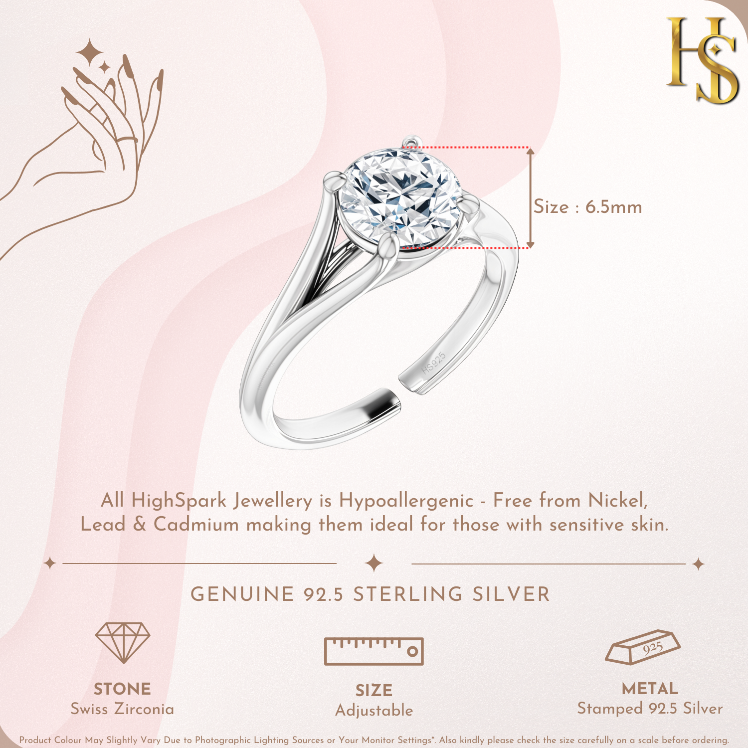 Perfectionist Solitaire Adjustable Ring in 92.5 Sterling Silver with Diamond like Brilliance Zirconia HighSpark