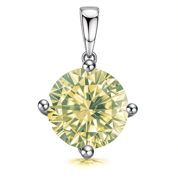 A solitaire pendant with a large, round, brilliant-cut pale yellow peridot American Diamond in a four-prong sterling silver setting on.
